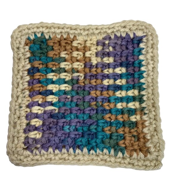 Mug Rugs Coasters Handmade Crochet Square Beige Tan Teal Vinyl Back Set of 4 - Picture 3 of 11